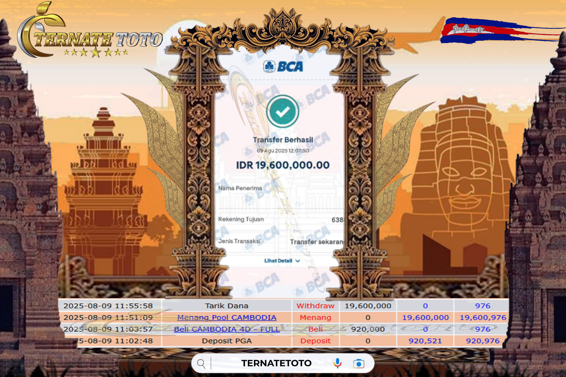TERNATETOTO - MENANG POOL CAMBODIA - Rp.19,600,000,-