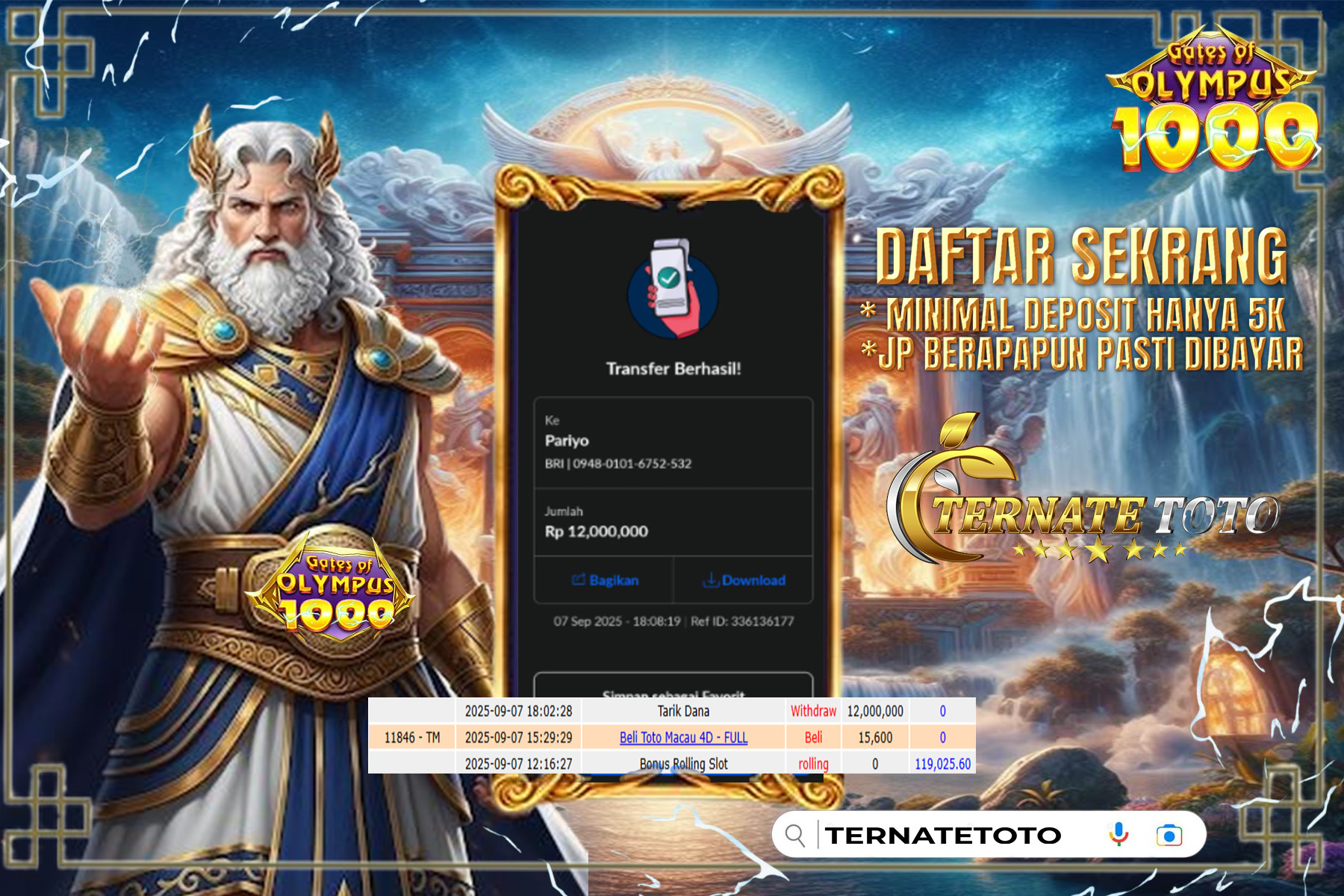 TERNATETOTO - MENANG GATES OF OLYMPUS 1000 Rp.12,000,000,-