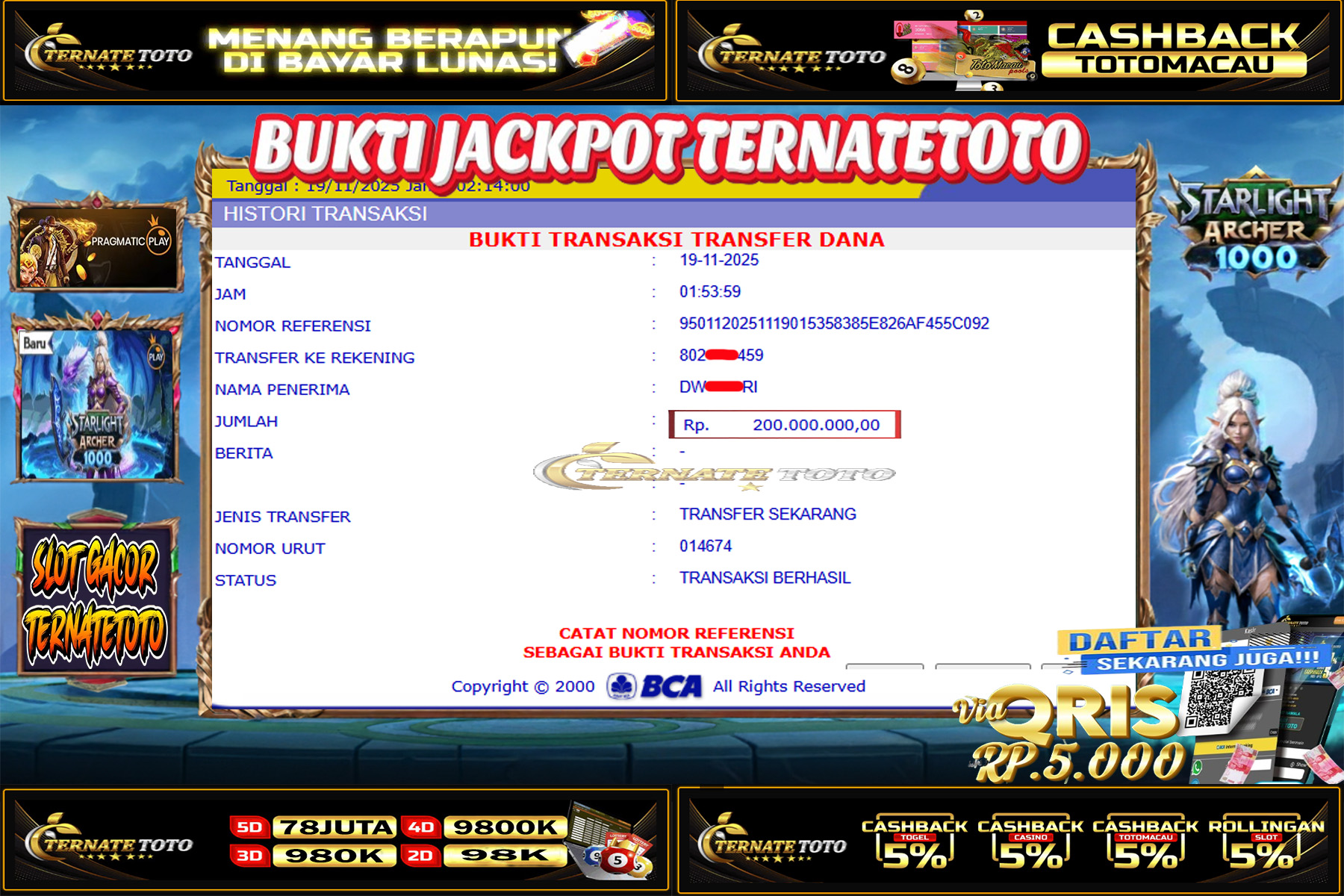 TERNATETOTO - JACKPOT STARLIGHT ARCHER 1000 DI PRAGMATIC PLAY Rp.200,000,000,-